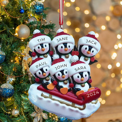 Penguin Family of 6 on Sleigh Ornament