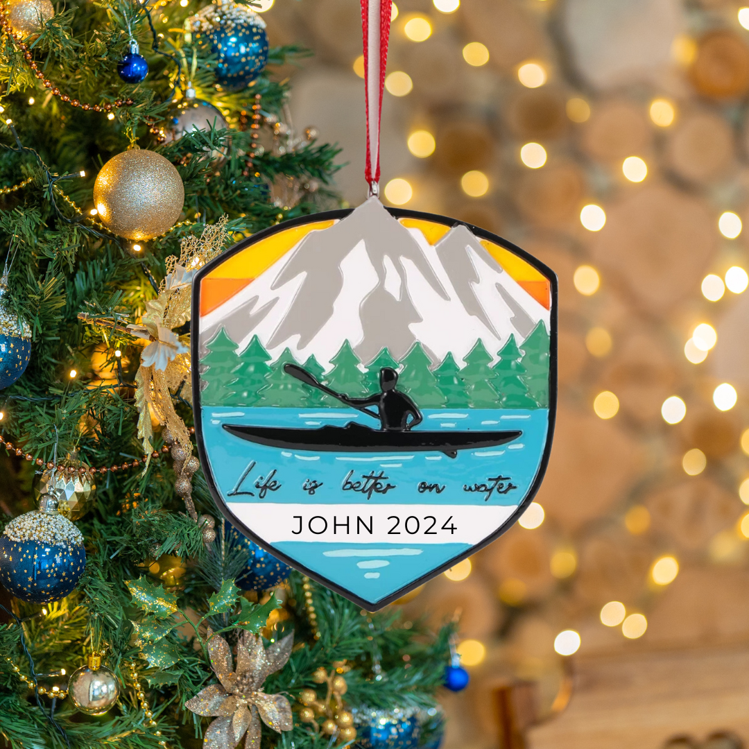 Personalized Adventure Badge Kayaking Ornament- Custom Holiday Gift