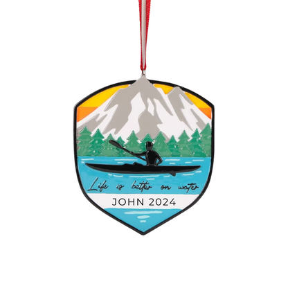 Personalized Adventure Badge Kayaking Ornament - Custom Holiday Gift