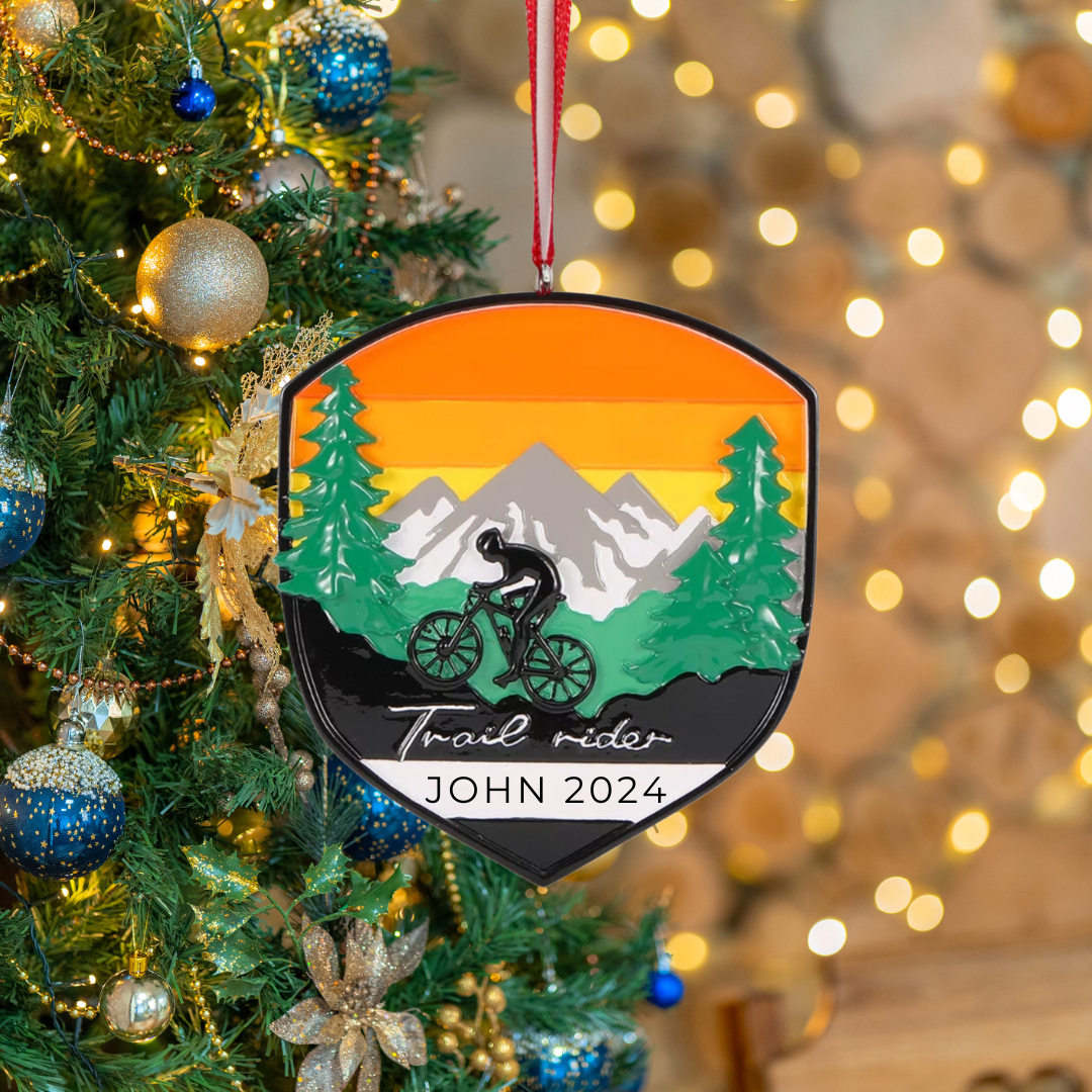 Personalized Adventure Badge Mountain Biking Ornament - Custom Holiday Gift