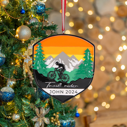 Personalized Adventure Badge Mountain Biking Ornament - Custom Holiday Gift