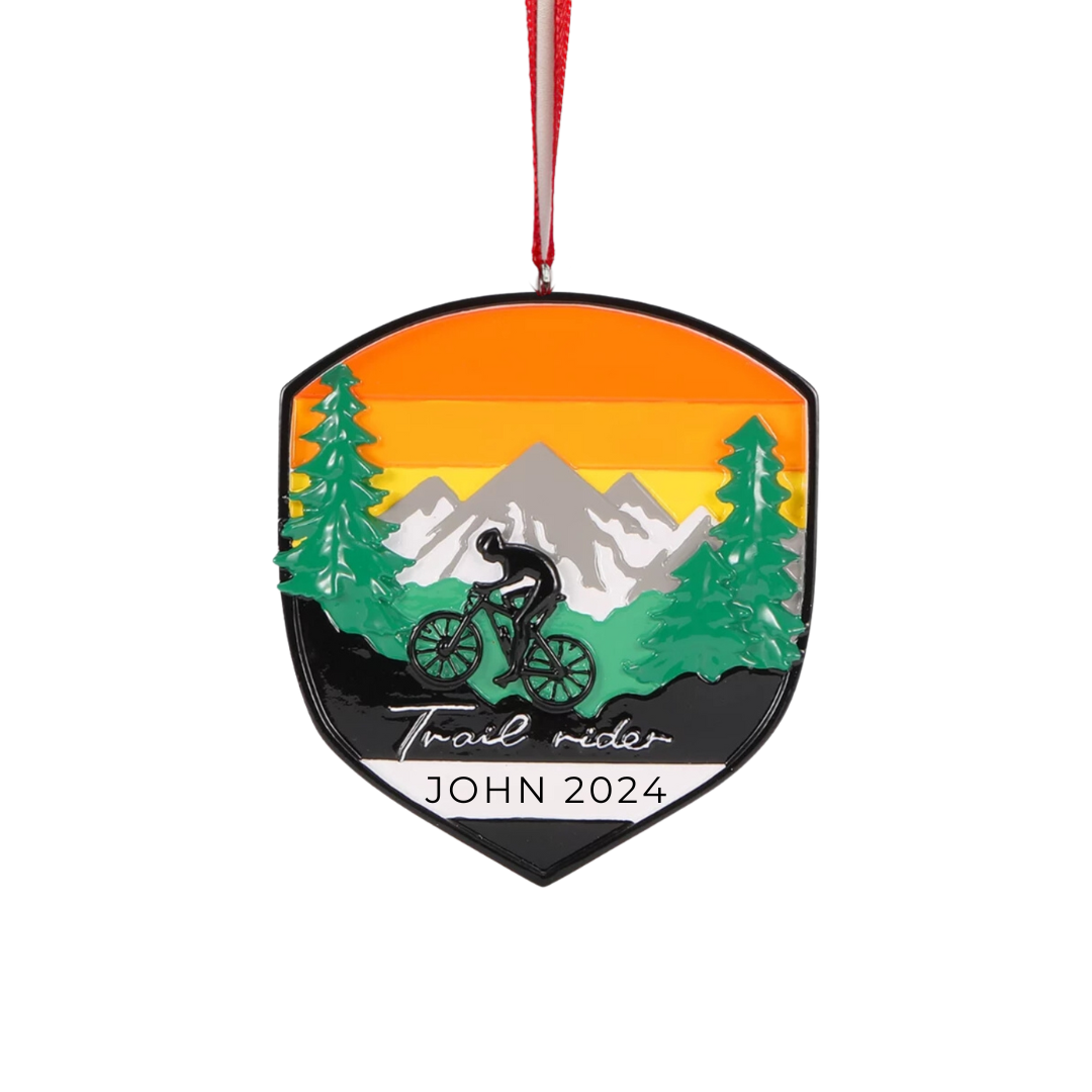 Personalized Adventure Badge Mountain Biking Ornament - Custom Holiday Gift