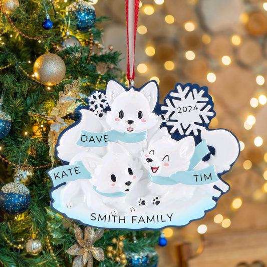 Personalized Arctic Fox Family of 3 Ornament - Custom Holiday Gift