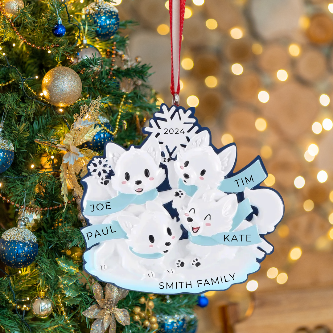 Personalized Arctic Fox Family of 4 Ornament - Custom Holiday Gift