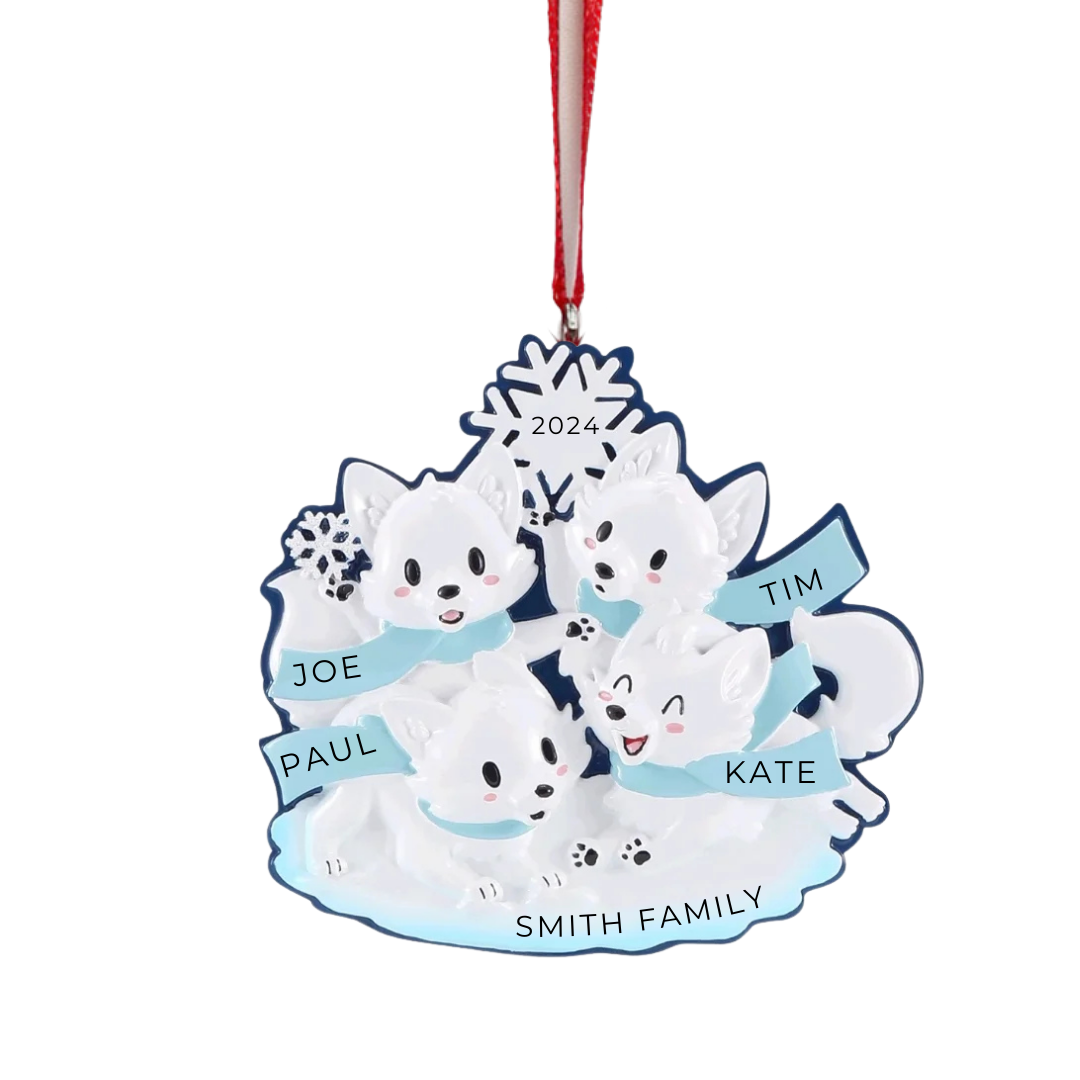 Personalized Arctic Fox Family of 4 Ornament - Custom Holiday Gift