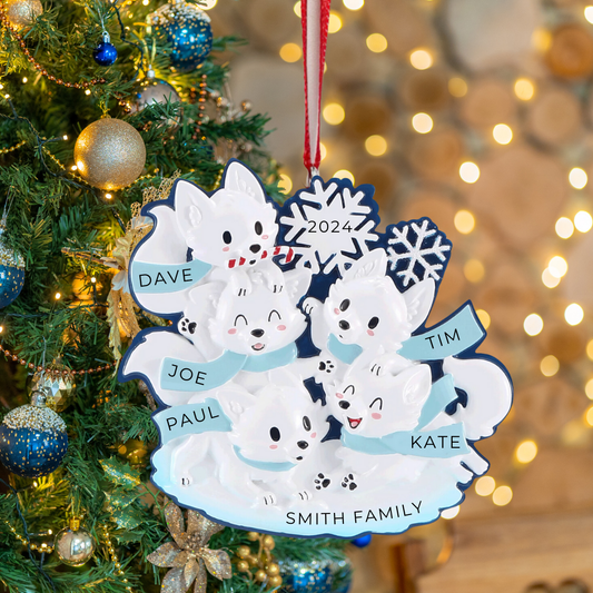 Personalized Arctic Fox Family of 5 Ornament - Custom Holiday Gift