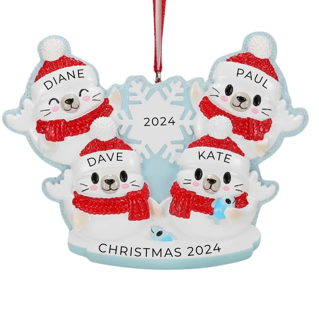 Personalized Arctic Seal Family of 4 Ornament - Custom Holiday Gift