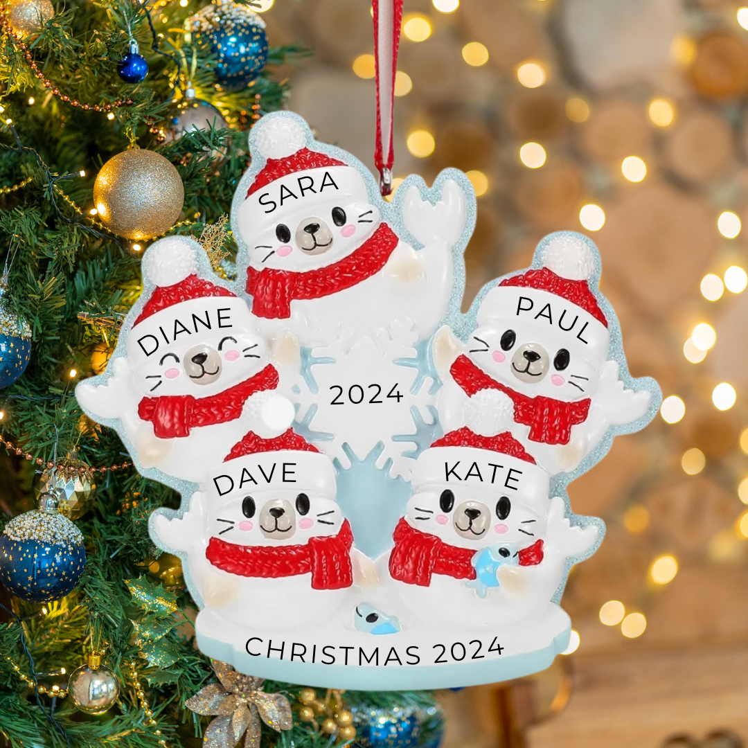 Personalized Arctic Seal Family of 5 Ornament - Custom Holiday Gift