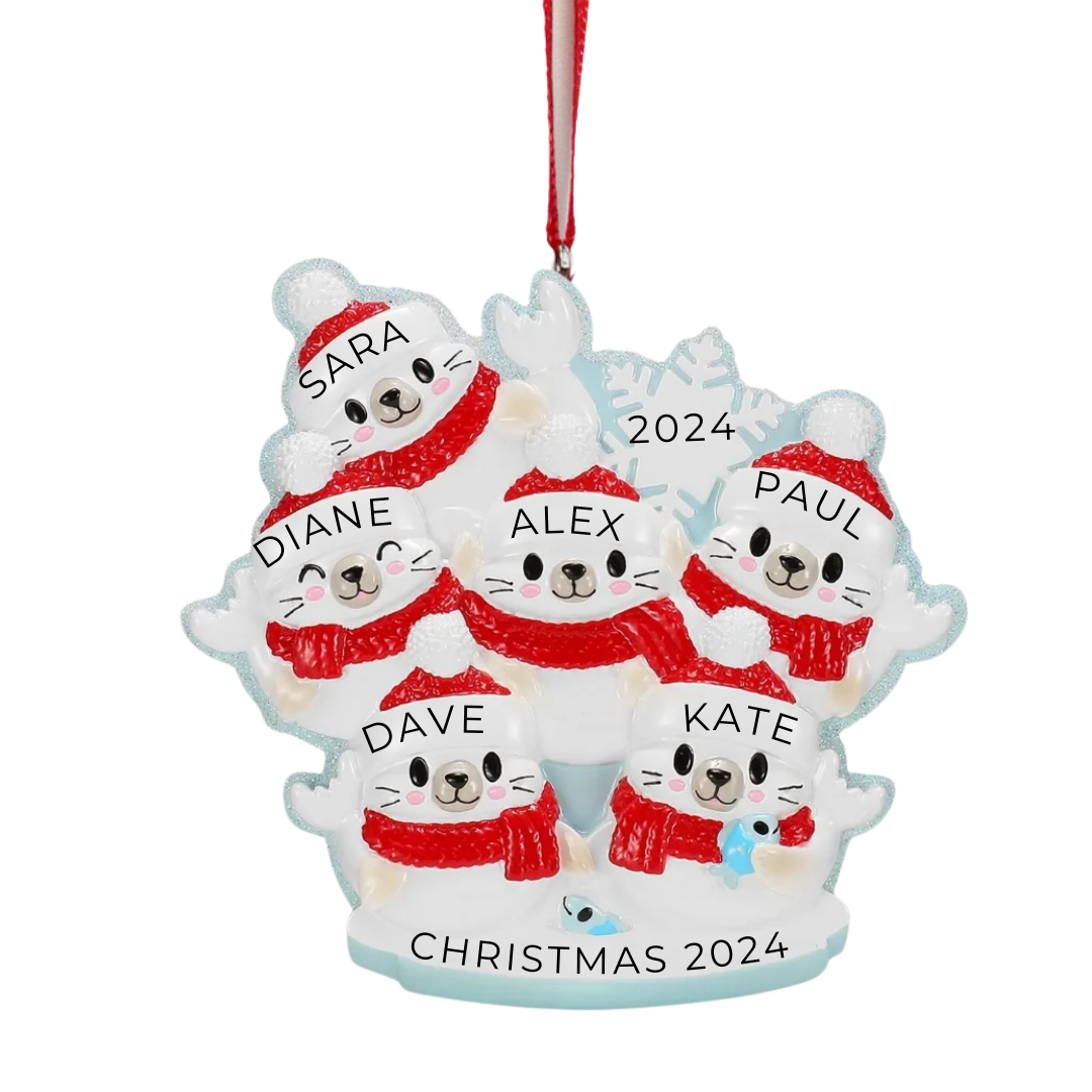 Personalized Arctic Seal Family of 5 Ornament - Custom Holiday Gift