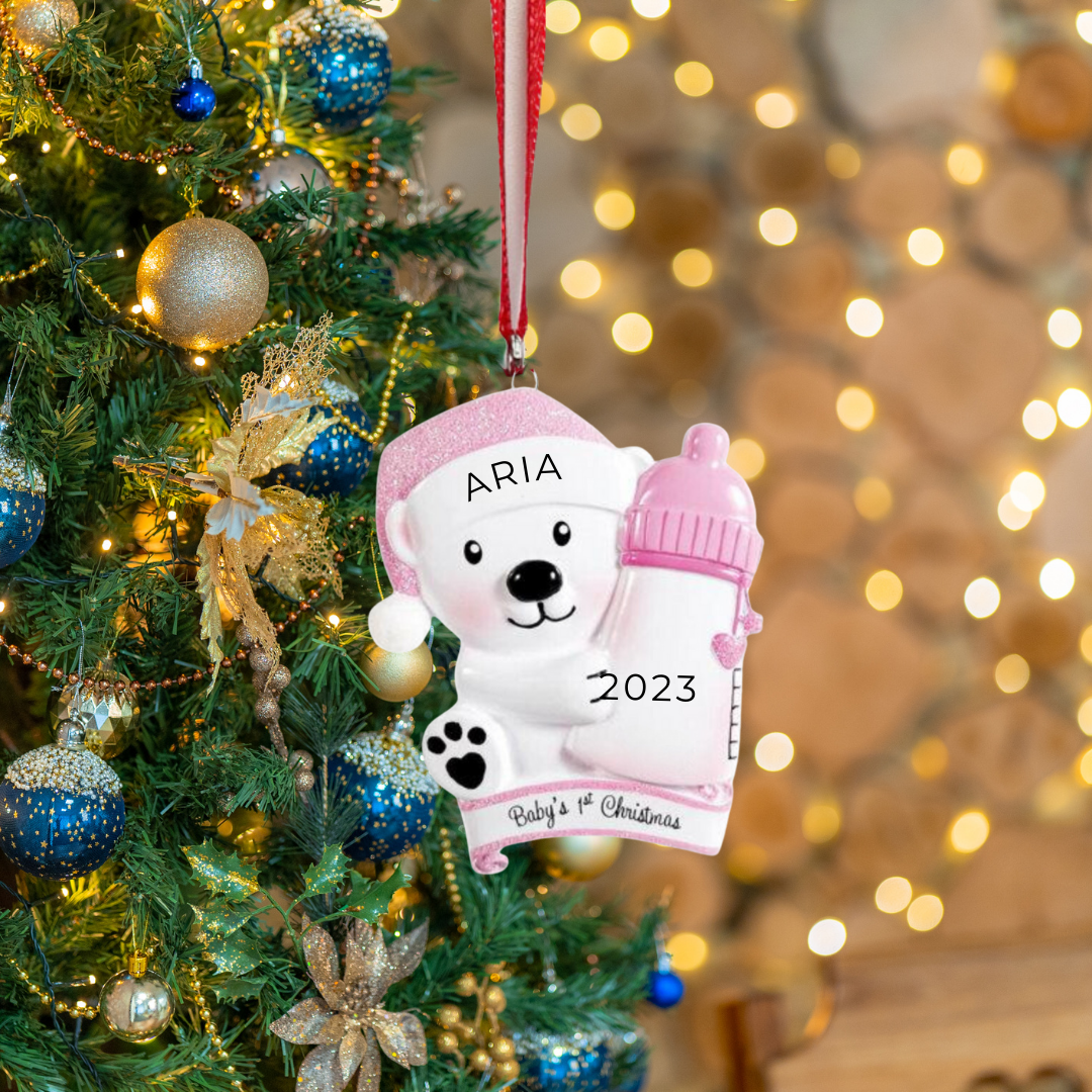 Personalized Baby Bear Bottle - Blue & Pink Ornament, custom holiday gift