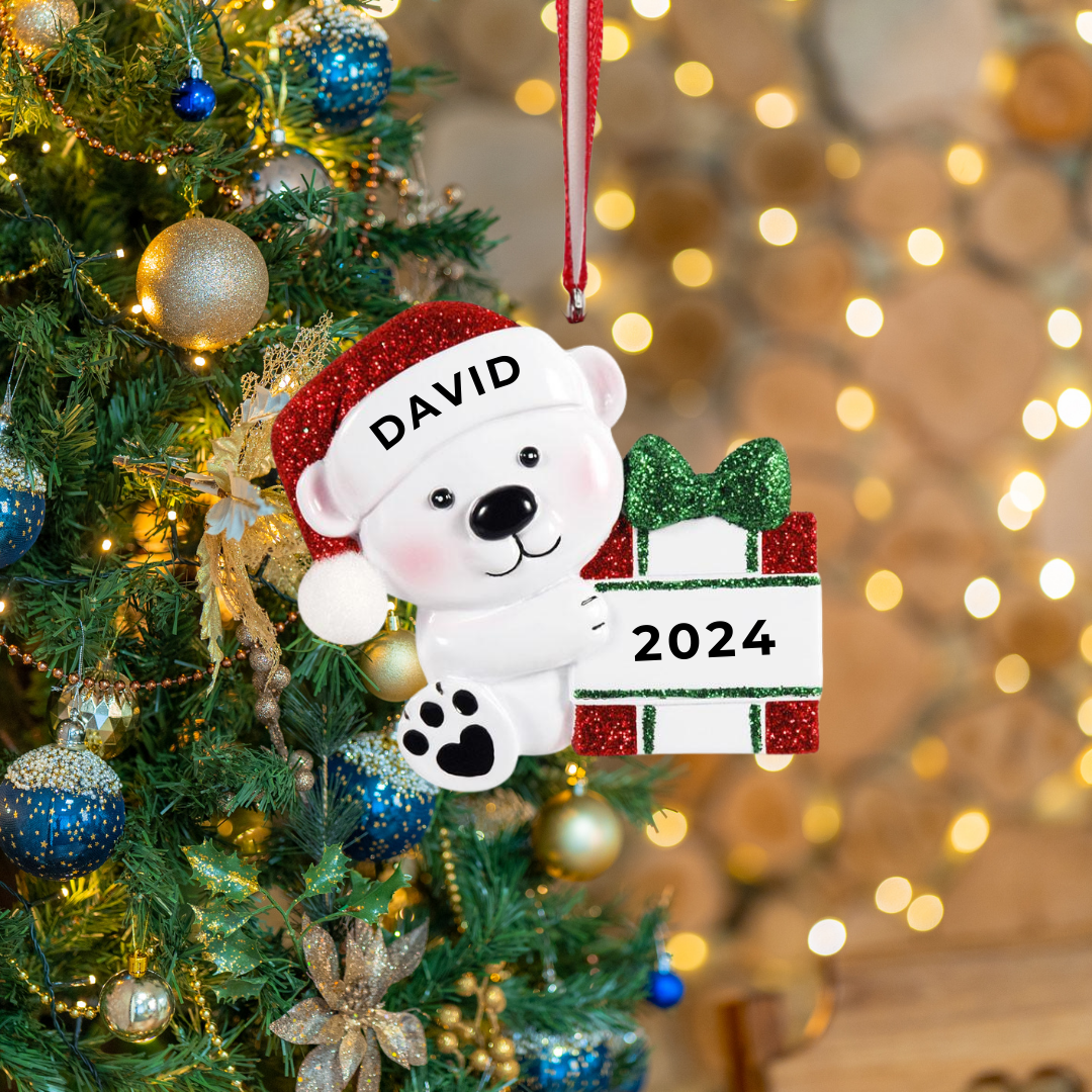 Personalized Baby Bear Hold Present Ornament, custom holiday gift