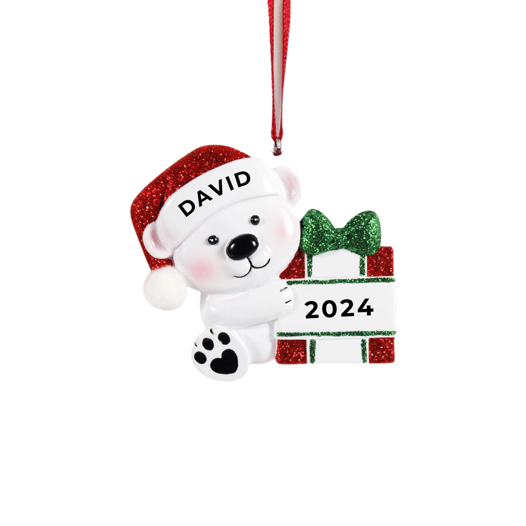 Personalized Baby Bear Hold Present Ornament, custom holiday gift