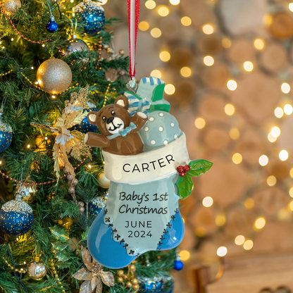 Personalized Baby’s Boy's First Christmas Stocking Ornament, custom holiday gift