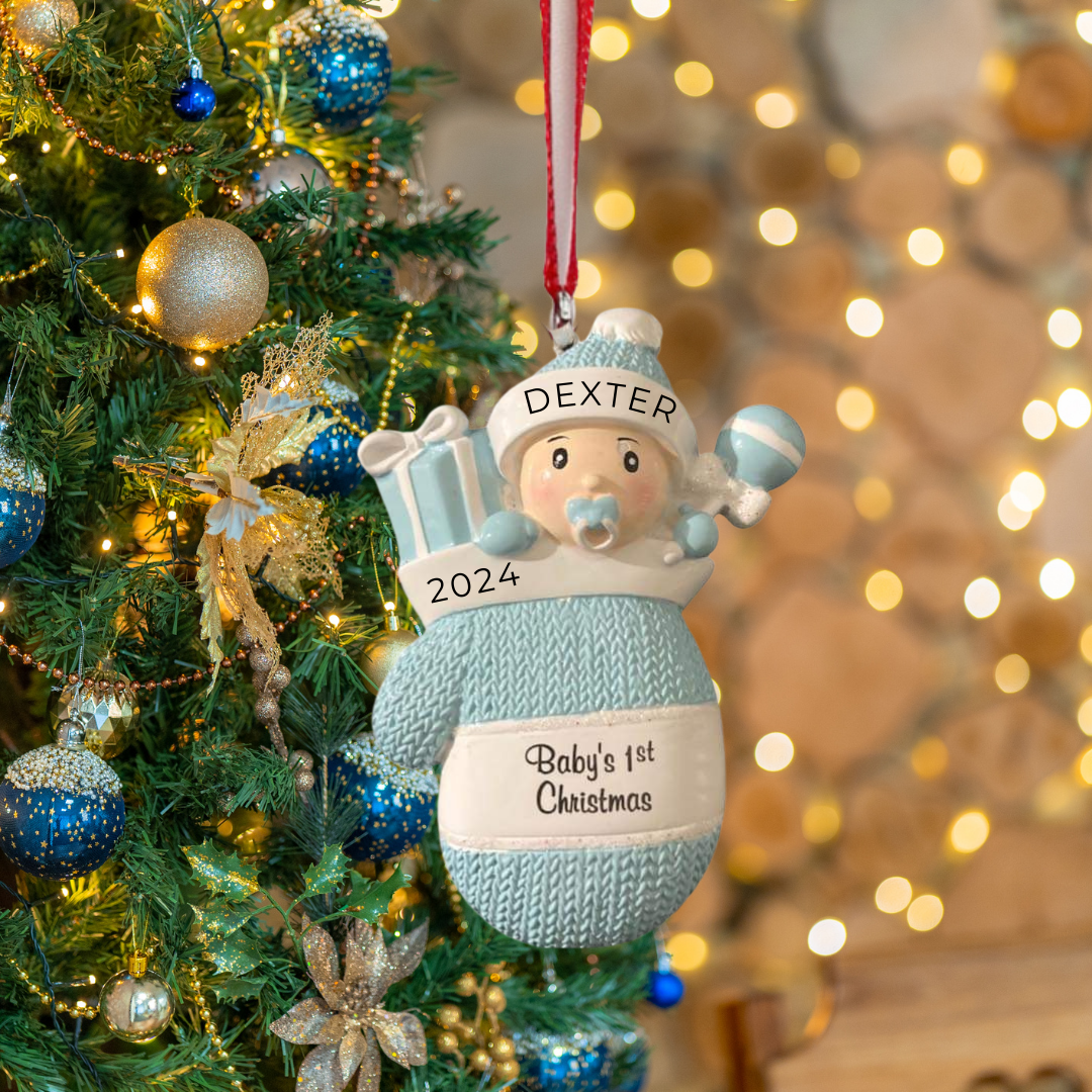 Personalized Baby Boy in Mitt Ornament, custom holiday gift