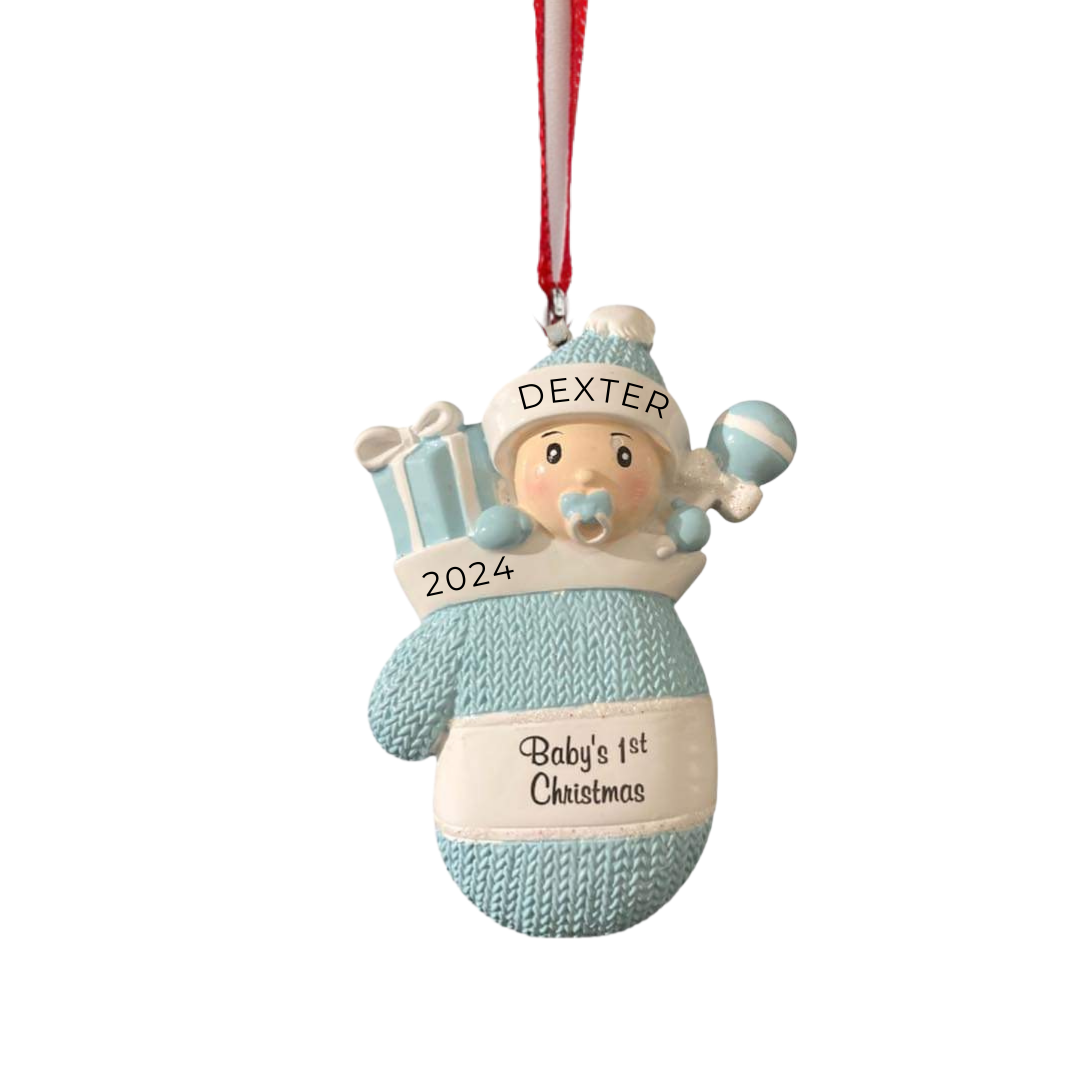 Personalized Baby Boy in Mitt Ornament, custom holiday gift