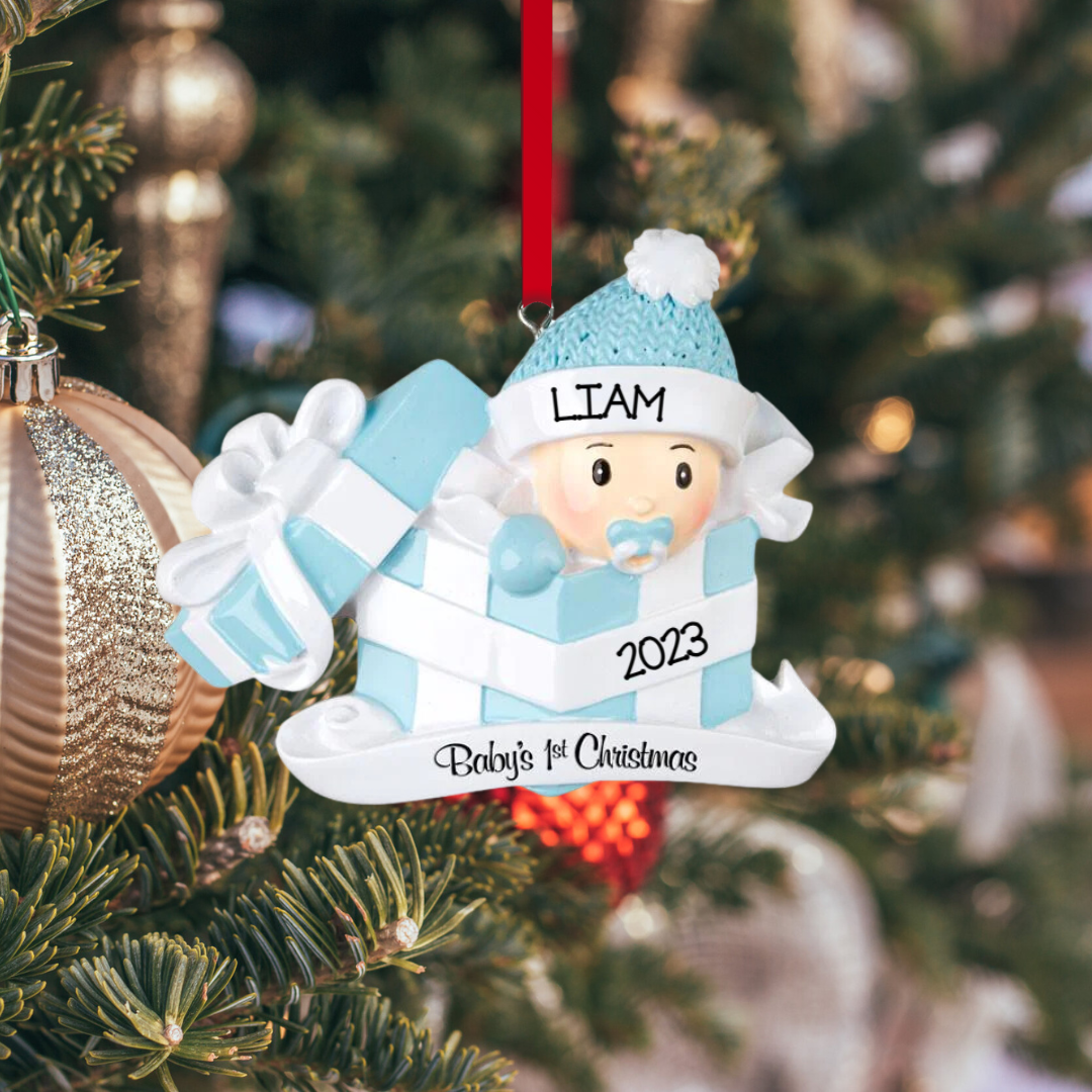 Personalized Baby Boy in Present Ornament, custom holiday gift