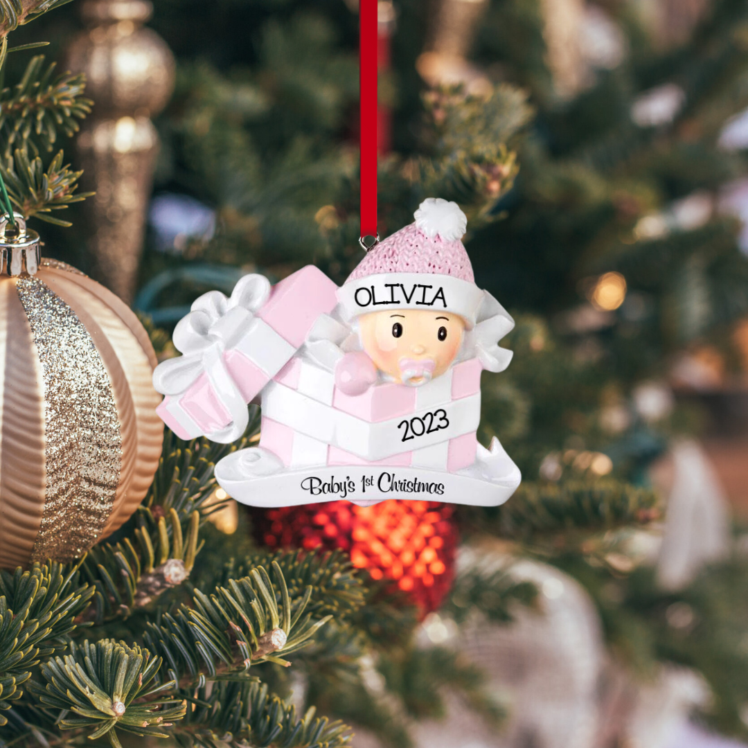 Personalized Baby Girl in Present Ornament, custom holiday gift