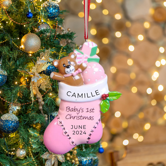 Personalized Baby Girls First Christmas Stocking Ornament, custom holiday gift