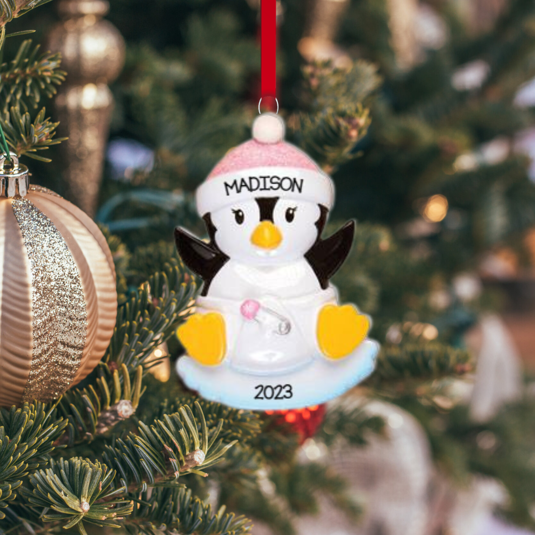 Personalized Baby Penguin Pink & Blue Ornament, custom holiday gift