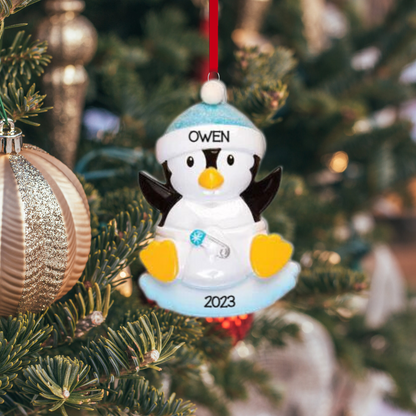 Personalized Baby Penguin Pink & Blue Ornament, custom holiday gift