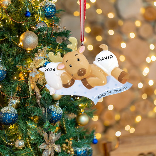 Personalized Baby Reindeer Boy Ornament, custom holiday gift