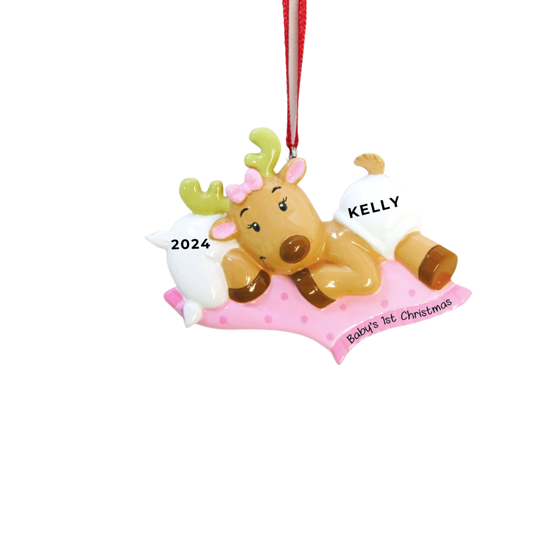 Personalized Baby Reindeer Girl Ornament, custom holiday gift