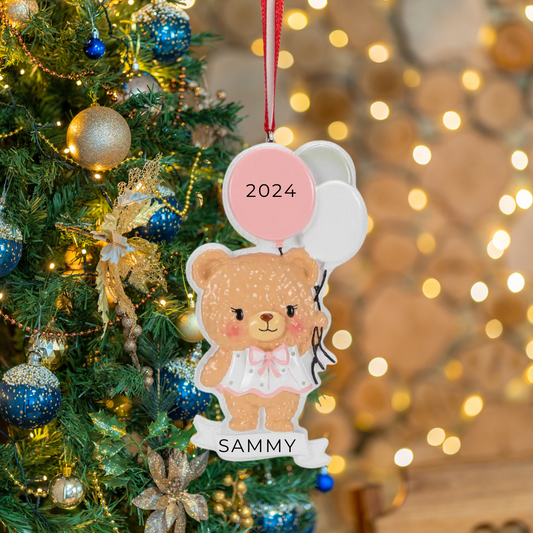 Personalized Bear with Balloons- Pink Ornament - Custom Holiday Gift