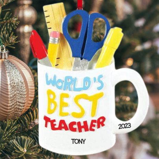 Personalized Best Teacher Mug Ornament, custom holiday gift