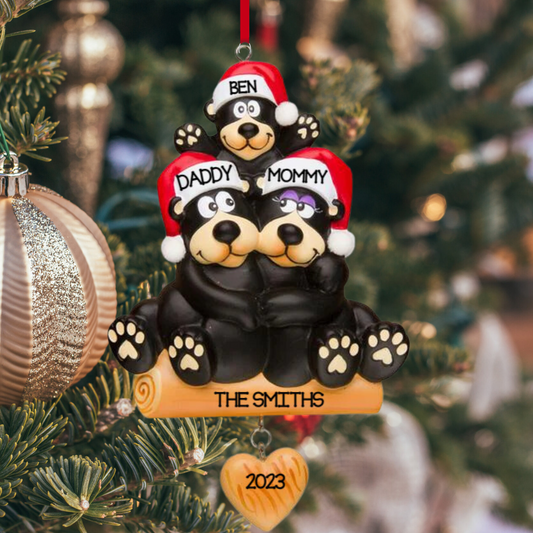 Personalized Black Bear Family of 3 Ornament - Custom Holiday Gift