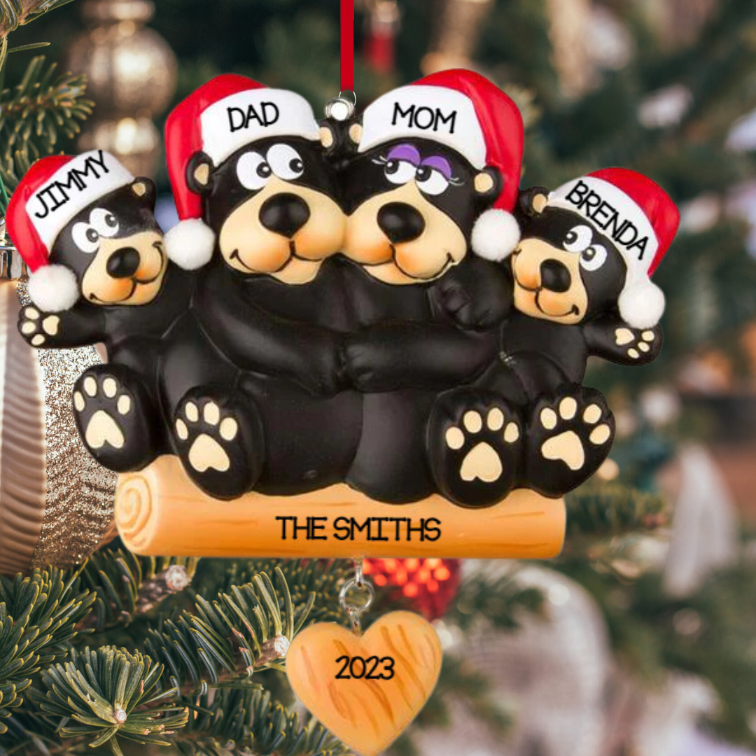 Personalized Black Bear Family of 4 Ornament - Custom Holiday Gift