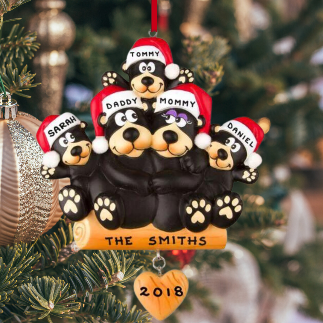 Personalized Black Bear Family of 5 Ornament - Custom Holiday Gift