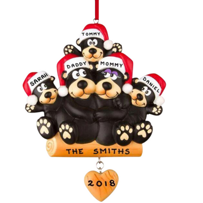 Personalized Black Bear Family of 5 Ornament - Custom Holiday Gift