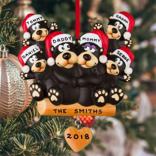 Personalized Black Bear Family of 6 Ornament - Custom Holiday Gift