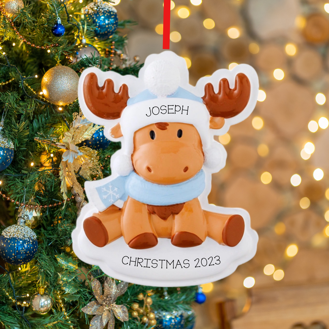 Personalized Blue Moose Ornament - Custom Holiday Gift