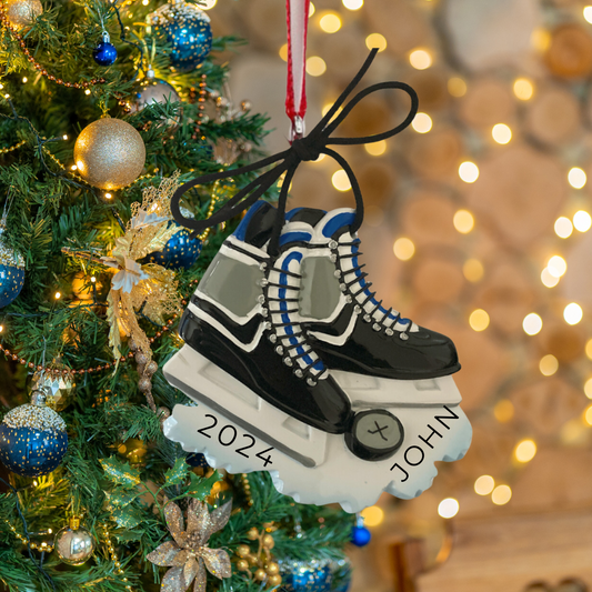 Personalized Blue, Pink & Red Hockey Skates Ornament - Custom Holiday Gift