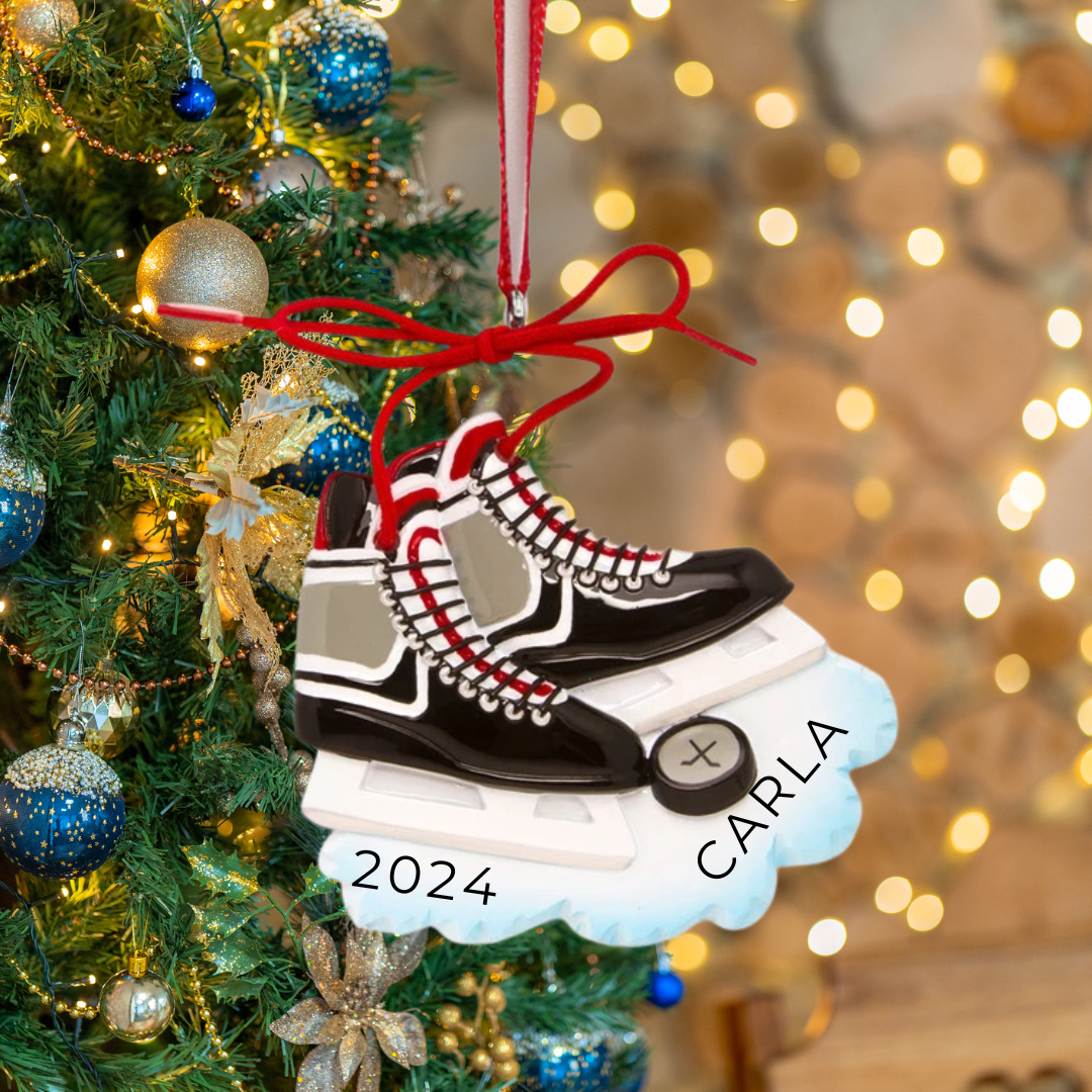 Personalized Blue, Pink & Red Hockey Skates Ornament - Custom Holiday Gift