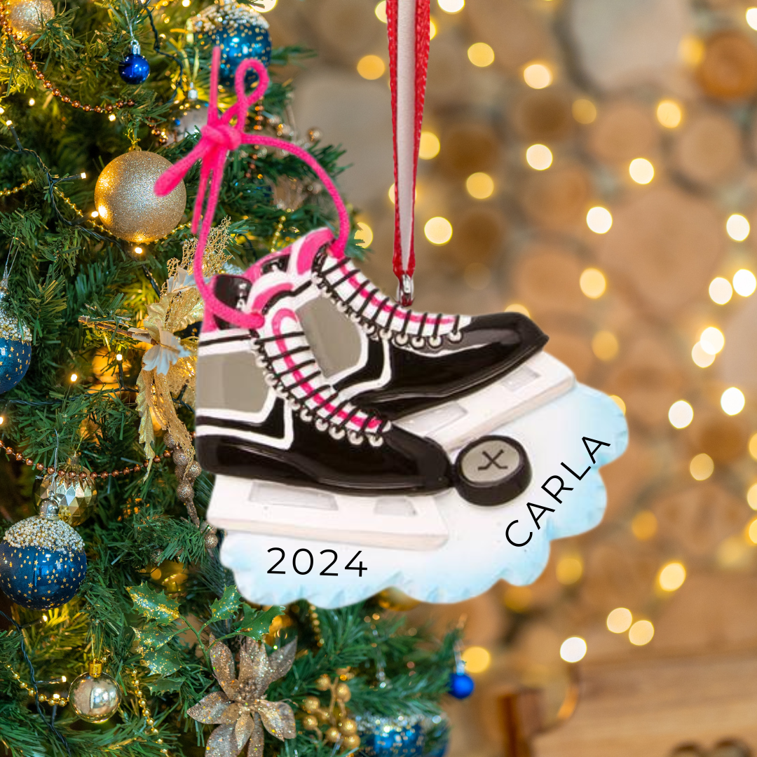 Personalized Blue, Pink & Red Hockey Skates Ornament - Custom Holiday Gift