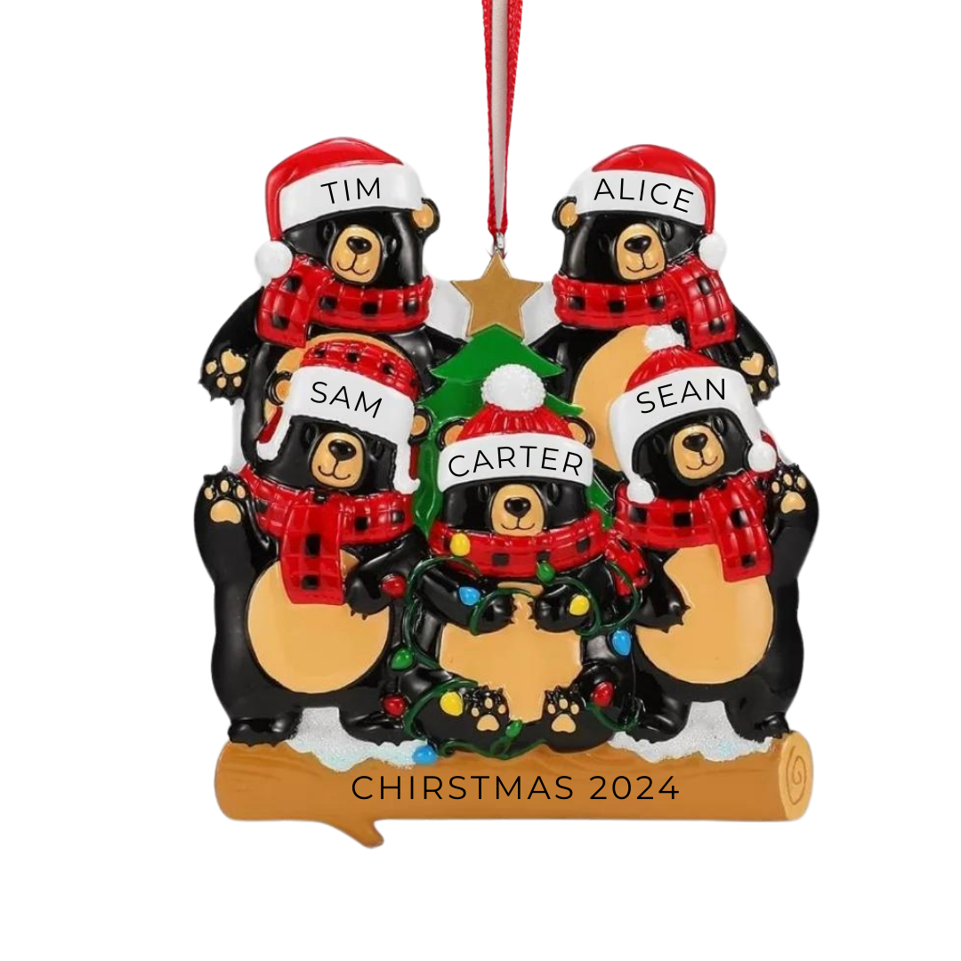 Personalized Bears with Scarf & Santa Hat Family of 5 Ornament- Custom Holiday Gift