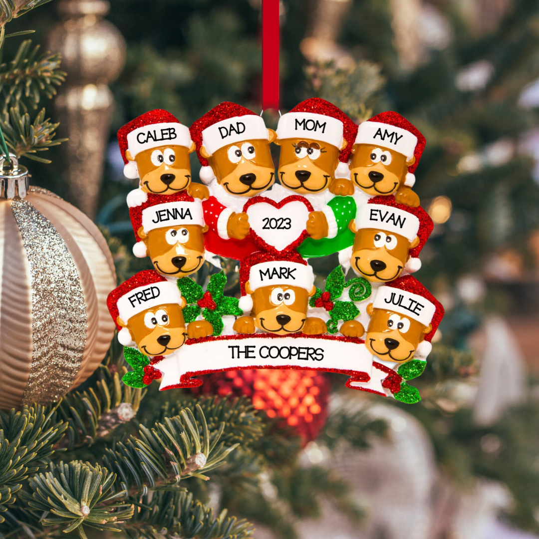 Personalized Brown Bear Family of 9 Ornament - Custom Holiday Gift