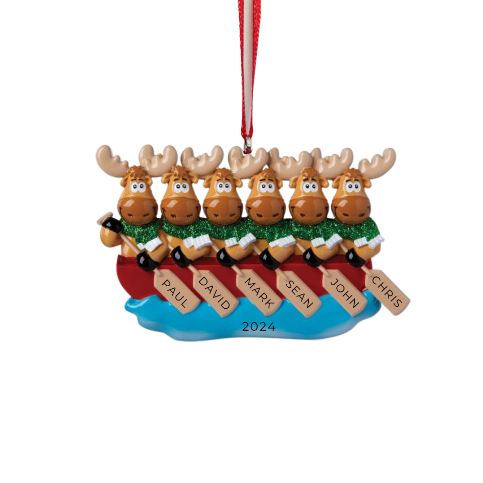 Personalized Canoe Moose Family of 6 Ornament - Custom Holiday Gift