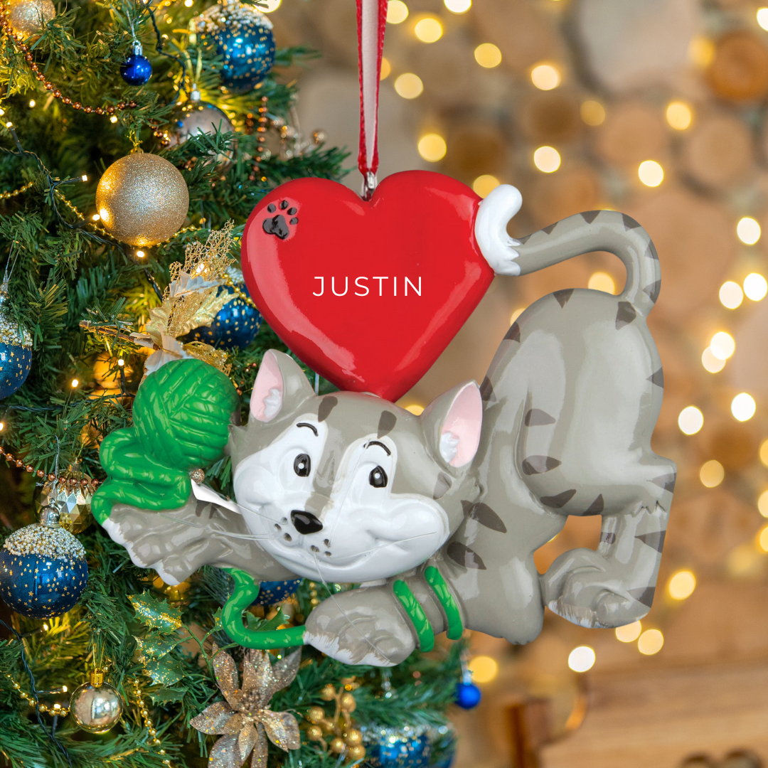 Personalized Cat With Yarn Ornament - Custom Holiday Gift