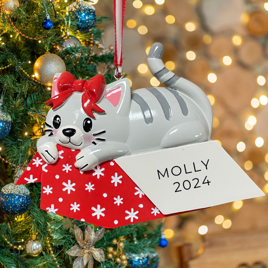 Personalized Cat in Giftbox Ornament - Custom Holiday Gift