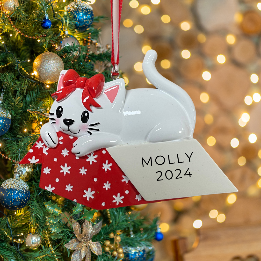 Personalized Cat in Giftbox Ornament - Custom Holiday Gift