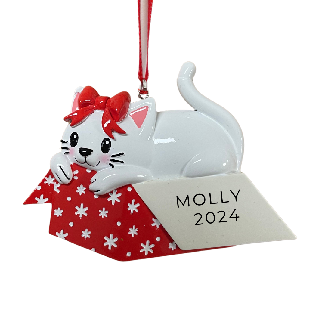 Personalized Cat in Giftbox Ornament - Custom Holiday Gift