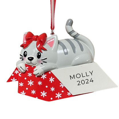 Personalized Cat in Giftbox Ornament - Custom Holiday Gift