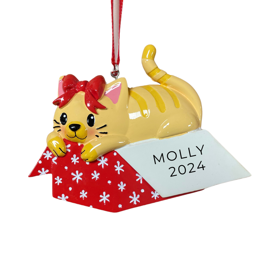 Personalized Cat in Giftbox Ornament - Custom Holiday Gift