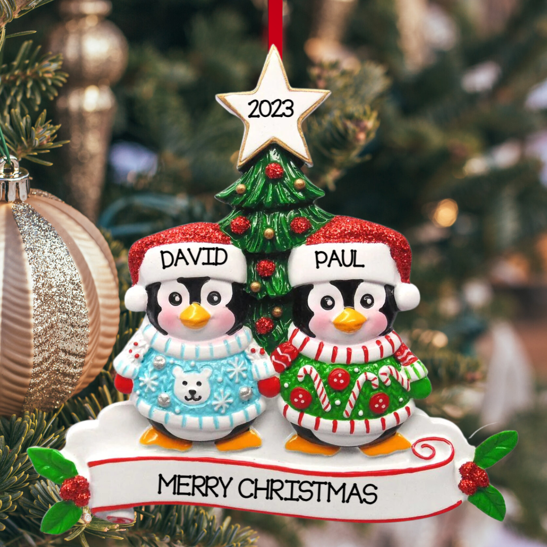 Personalized Christmas Sweater Penguin Family of 2 Ornament - Custom Holiday Gift