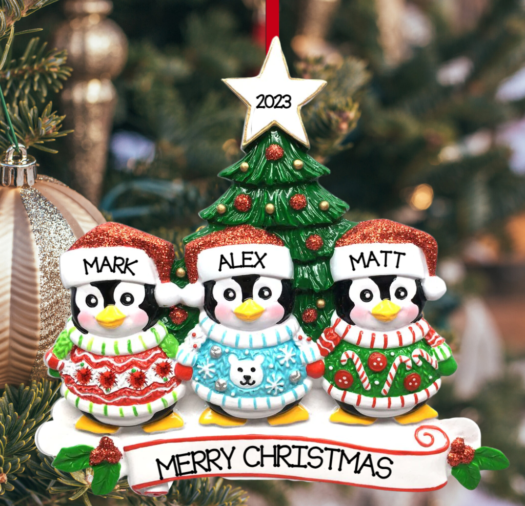 Personalized Christmas Sweater Penguin Family of 3 Ornament - Custom Holiday Gift