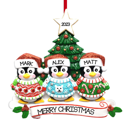 Personalized Christmas Sweater Penguin Family of 3 Ornament - Custom Holiday Gift