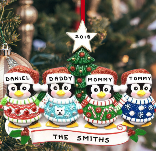 Personalized Christmas Sweater Penguin Family of 4 Ornament - Custom Holiday Gift